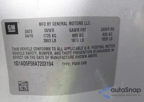 2010 Chevrolet Cobalt Lt from USA, damaged, VIN 1G1AD5F58A7203194